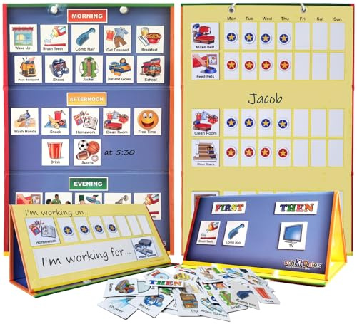 SchKIDules Home-Themed Magnetic Visual Schedule & Reward Chart w/129 Colorful Magnets & 2-Sided 18” Folding Board; for Daily Routines, Chores, Behavioral Supports, Kids’ Calendar, ADHD & Autism Tools