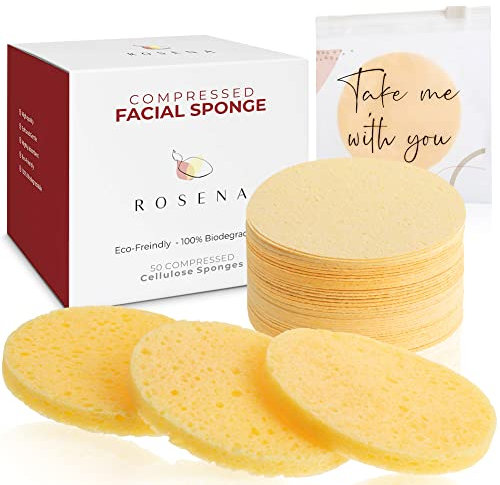 Rosena Facial Sponges - 50 Count Reusable Yellow Cellulose Face Cleansing & Exfoliating Sponges, Round Shape, Made of Rubber, Suitable for Sensitive Skin, Cleansing & Exfoliating Uses