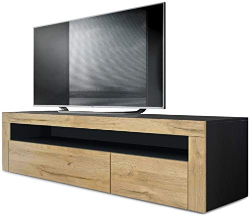Vladon Lowboard Valencia, Made in Germany, TV-Kommode mit 1 offenem Fach und 2 Klappen, Schwarz matt/Eiche Natur (155 x 46 x 40 cm)