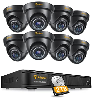 Anlapus 1080P Sistema de Videovigilancia 8CH 2MP HDMI Grabador DVR con 8 CCTV Cámaras de Seguridad Exterior, 2TB Disco Duro, Visión Nocturna, Acceso Remoto