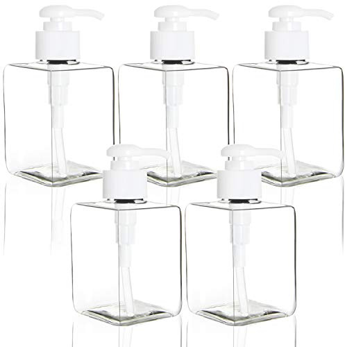 Youngever 5 Pacchi 350ML Plastica Bottiglie a Pompa, Bottiglie a Pompa in Plastica Ricaricabili con Blocco da Viaggio (Clear Square)