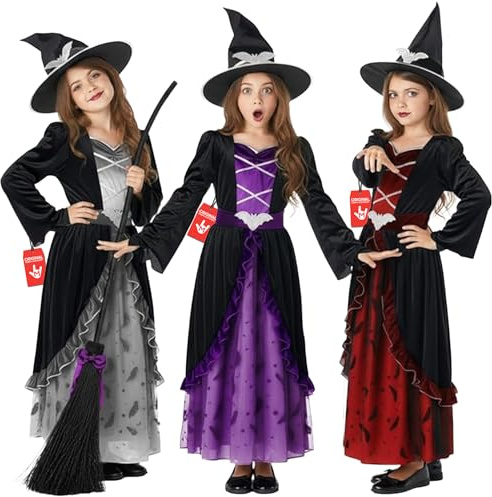 Morph, Witches Costume Kids, Halloween Costumes for Kids | Rich Purple Dress with Bat-accent Detailing, Matching Pointed Witch Hat Included, Perfect for Halloween, Fun for Fancy Dress