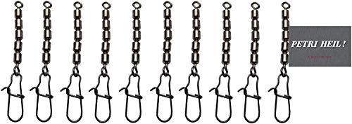 Set: 2 Packungen (insgesamt 10 STÜCK) Behr Fünffach Wirbel mit Karabiner Snap Forellenwirbel Black Nickel, 9-12 Kg+gratis Petri Heil! Aufkleber