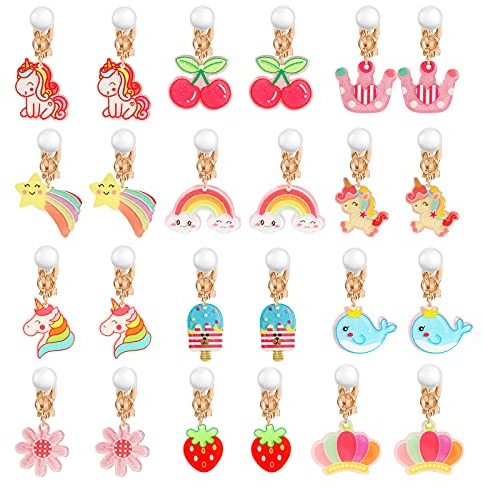 Hifot 12 Paare Clip Ohrringe Mädchen, Einhorn Regenbogen Erdbeere Blume Ohrclips Set Geburtstag Geschenk Party Favors Schmuck Zubehör für Kinder