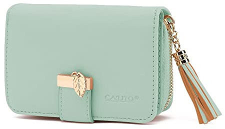 CALIYO Geldbeutel Damen aus glattem und weichem Synthetisches Leder, Geldbörse Damen klein und im Kurzformat, Portemonnaie mit Druckknopf und Reißverschluss und viele Fächer (Hellmint).