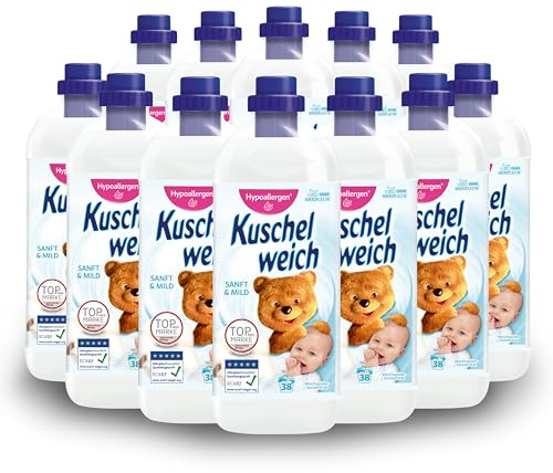 Kuschelweich Weichspüler - 12 x 1 l für je 38 Wäschen, kuschlig-weich - hautverträglich, mikroplastikfrei - Sanft und Mild
