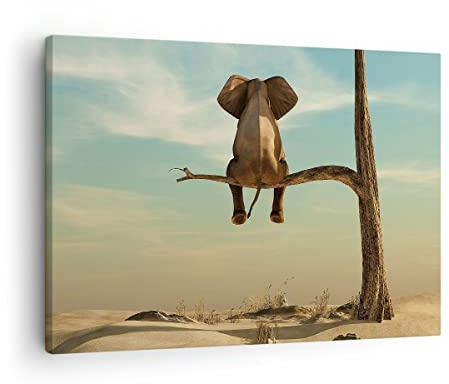 ARTTOR Bilder auf Leinwand 70x50cm Wandbild Afrika Tiere - 4557 | Elefant Sitzung Zweig Klein Wanddekoration Wohnzimmer Schlafzimmer Küche Wanddeko Wand Kunstdruck Wandkunst Wall Decor ARTTOR