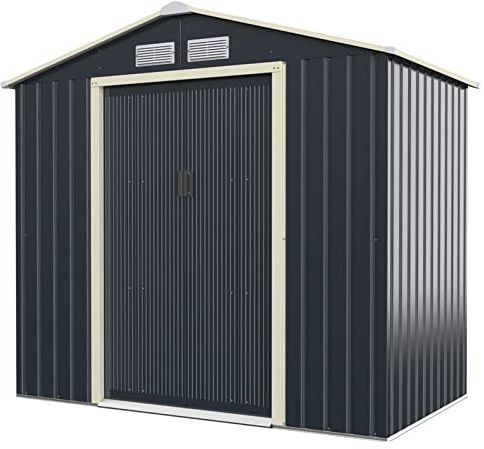 GOPLUS Metallverktygshus, 2,37 m²/4,63 m³ verktygshus, utrustningsskjul med skjutdörr, sadeltak, ventilationsfönster, galvaniserat väderbeständigt trädgårdshus för trädgård och terrass balkong (213 x