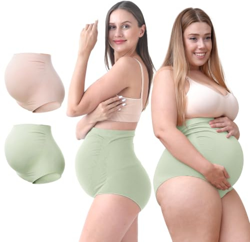 SUNNYBUY Kvinnor moderskap hög midja underkläder graviditet sömlösa mjuka hipster trosor över bula, 1grön 1skin – 2-pack, L