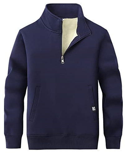 Jamron Hombre Invierno Cuello Alto Sudadera de Forro Polar con Media Cremallera Térmica Pullover Suéter con 2 Bolsillos Azul Marino M