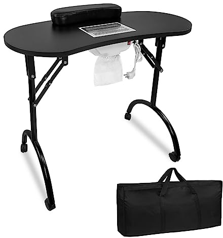 UISEBRT Table de manucure pliable avec aspiration - Table de manucure portable avec roulettes - Table de manucure mobile - Noir
