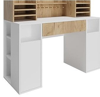 Vicco Schreibtisch, Weiß/Sonoma, 126.8 x 50 cm | XL mit Regale, geeignet als Arbeitsplatz mit Kabeldurchlass und Ablagefläche