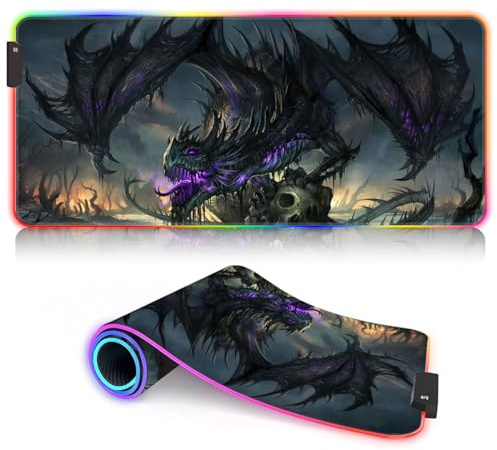 Tapis Souris Jeu RGB Grand LED étendu XXL - 7 Modes Multicolores et 4 Modes d'effet pour MacBook PC - Dragon des Marais Noir 15,7 x 35,4 Pouces