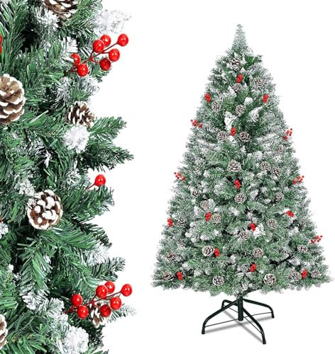 Aufun 180cm Weihnachtsbaum kunstbaum Künstlicher Weinachts Baum Deko, Christbaum mit Schnee-Effekt und Kiefernzapfen PVC Tannenbaum inkl. Ständer (Grün, 1.8 M)