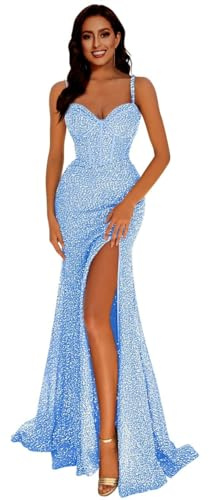 Generisch Frauen Meerjungfrau Pailletten Abschlussball Kleider V-Ausschnitt RüCkenfrei Brautjungfernkleid Langer Schlitz Formelle Abendparty Ballkleid Light Blue M