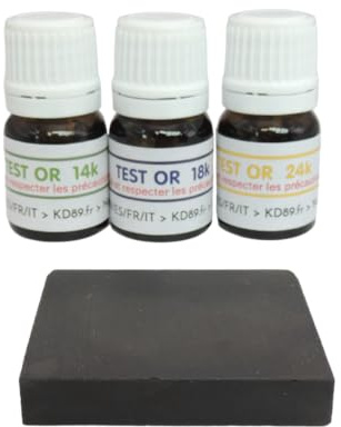 KD89 Surtido de reactivos de prueba de oro de 14-18-24 quilates con piedra de toque natural e instrucciones en varios idiomas, experiencia para joyas, monedas, lingotes - 2,5 ml