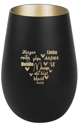 Der-Porzellan-Laden Windlicht mit Gravur Mama du bist, Schwarz Gold, Teelichthalter aus Glas mit Spruch, Tischdeko modern