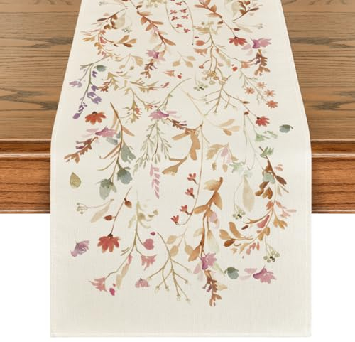 Artoid Mode Flowers Leaves Autumn Table Runner, Seasonal Fall Kitchen Dining Table Decoration for Home Party Decor 40x140 cm