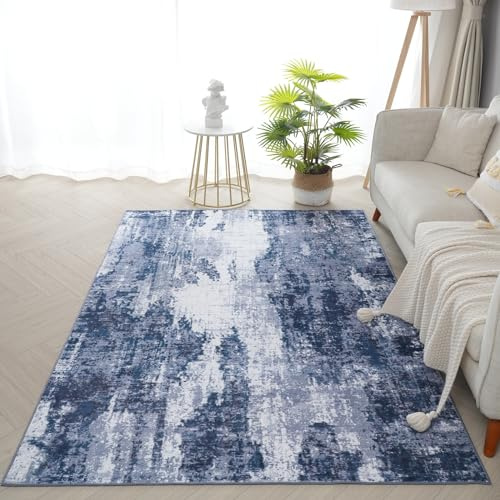 Xfrog Abstrakter Moderner Waschbarer Teppich für Wohnzimmer, Kurzflor Flächenteppich für Schlafzimmer, Kinderzimmer - Marinegrau 160x230CM