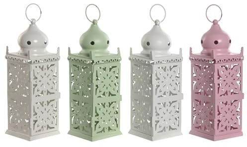 Home ESPRIT Farol Blanco Verde Rosa Hierro Oriental 10 x 10 x 30 cm (4 Unidades)