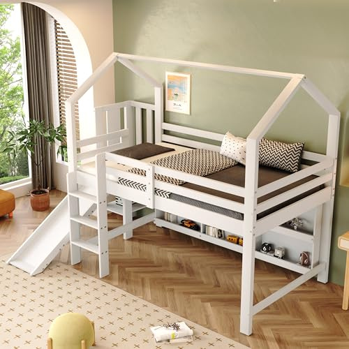 YESGIGA Lit simple pour enfant, 90 x 200 cm, multifonction, avec toboggan, escaliers, casier et étagère, sans matelas