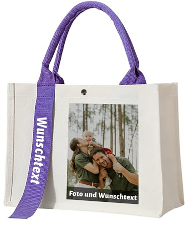 Pandalein Canvas Tote Bag mit eigenem Bild gestalten Henkeltasche Shopper mit individuellem Foto Einkaufstasche mit Wunschtext Motiv zum Bedrucken Personalisiert Tragetasche mit Griffen (Lila)