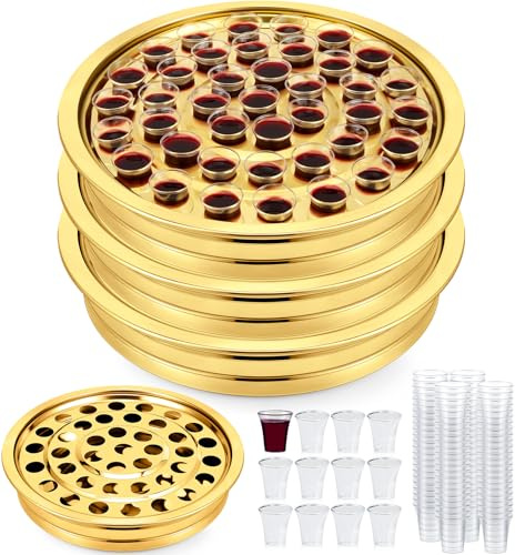 Zhehao 3 Pcs Communion Trays with Disposable Chalices for Church Supplies, Each 40 Holes Communion Supplies Set Stackable Worship Trays for Church Services Weddings & Gatherings (Gold)