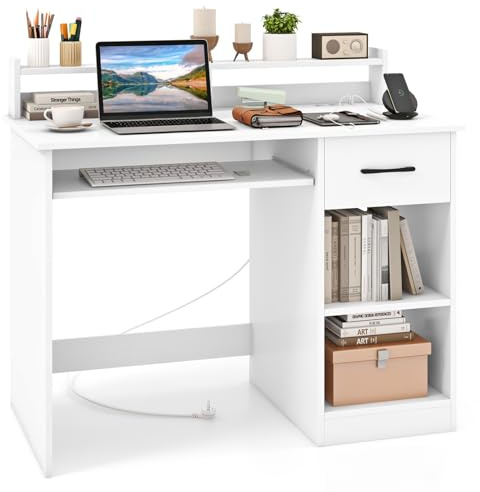 COSTWAY Escritorio con Tomas de Corriente, USB y Tipo-C, Mesa Escritorio con Bandeja para Teclado, Soporte de Monitor, Cajón y Estante Ajustable, Escritorio Ordenador Blanco, 105 x 55 x 89 cm