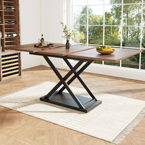 Table à Manger Extensible (120-160x80 cm) Table Salle à Manger Moderne et élégante Couleur Noyer, Table Télescopique, Table Cuisine peu Encombrante, Pieds fer croisés Noirs, Table Extensible Salon