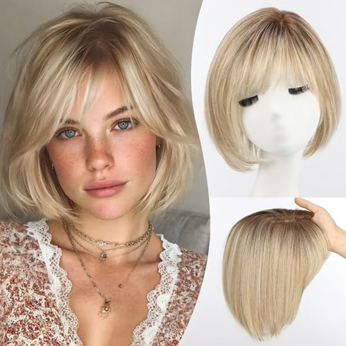 EMMOR Human Hair Toppers for Women Short Bob Real Hair Toppers with Bangs Side Part Hairpieces for Women with Thin Hair 10 Hair Extension with 6.5 × 6.5 Larger Base#005