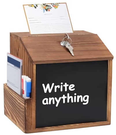 mumisuto Scatola di suggerimenti in legno, chiudibile con serratura, cassetta delle lettere per montaggio a parete, con lavagna, 3 gessetti e 2 chiavi, per scuola, ufficio, ospedale, 21 x 16 x 20 cm