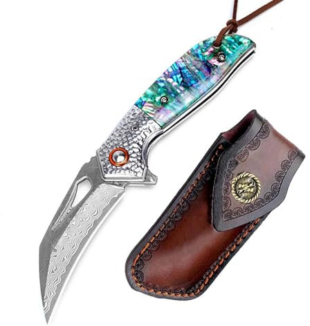 Couteau de poche pliant de qualité supérieure en acier damassé forgé en acier de Damas et coquillage - Petit couteau de survie en plein air - Couteau de chasse EDC - Couteau de chasse tranchant à une