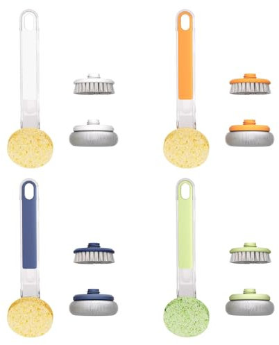 Kitchen Scrub Brush, Dish Scrubber, Skillet Cleaner, 3 Replaceable Brush Heads, Non-Slip Handle, Multi-Part Cleaning, for Dishes, Pots, Pans, Kitchen, Dishwashing, 9.06x2.68x1.97in