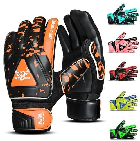 BEAST RAGE Fotbollsmålvaktshandskar för Barn, Fotbollsmålvaktshandskar för Barn med, Fotbollshandskar för Barn. (Orange, Storlek 7 (S/M))