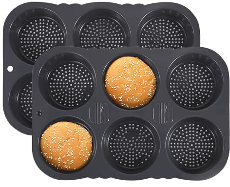 Wisnewth Molde para panecillos de hamburguesa de silicona, bandeja antiadherente de 6 cavidades para panecillos de 10 cm, apta para horno y microondas, fácil de desmoldar y limpiar, gris