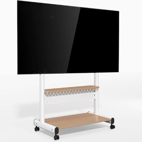 Soporte de carrito de TV móvil con ruedas con altura ajustable, soporte de suelo rodante para televisores de 40 a 85 pulgadas, incluye armario de almacenamiento y estante de madera, carrito de marco