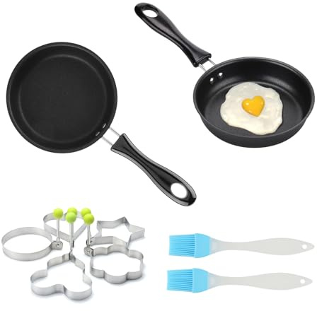 SGYKJ 2 st liten stekpanna non-stick 12 cm/4,7 tum omelettpannor stekt äggpanna non-stick för camping, matlagning, mini stekpannor för induktionshäll gasspis, med 4 äggformar och 2 oljeborstar