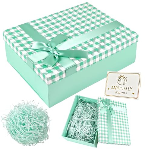 YIMETOP Caja Regalo, 25 x 18 x 9 CM Caja para Regalo Rectangulares, Plegable Cajas de Regalo con Tapa, Cajas Regalo Carton con Lazo Carda Rafia, para Boda Cumpleaños Navidad Valentín (Verde)