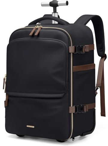 Rullande ryggsäck för kvinnor 17 tums konvertibel laptopryggsäck med hjul, 32 L handbagage dagväska vattentålig rullväska för arbete korta resor, Svart, 17 Inch