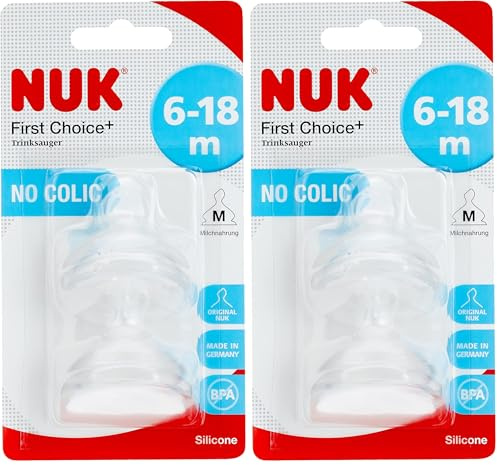 NUK First Choice+ Anti-Colic-Trinksauger Silikon | kiefergerechte NUK Form | Größe 2 (6-18 Monate) M für Milch | 2 Stück (Packung mit 2)