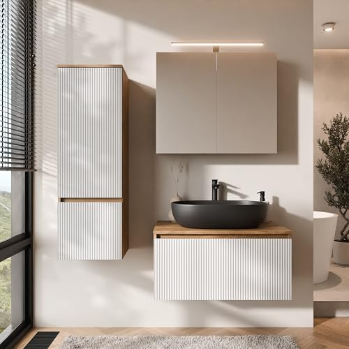 Planetmöbel Arisa Badmöbel Set Waschtisch mit Unterschrank | 80 cm, gold eiche weiß (geriffelt) mit ARIA Spiegelschrank und Hochschrank, Waschbecken 60 cm gold eiche schwarz