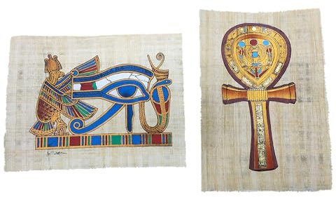 Lote 2 Papiros Egipcios Auténticos Hechos a Mano en Egipto – Cruz egipcia Llave de la Vida Ankh y Ojo de Horus – Arte Egipcio Original Decorativo 18x23 cm