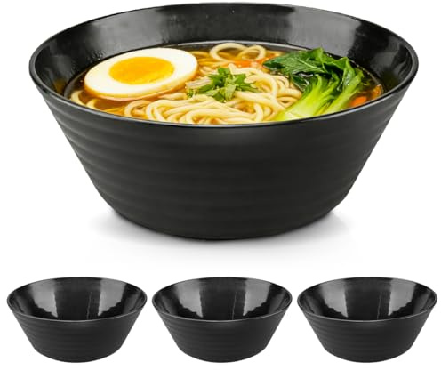 Müslischalen 4er Set Groß Schwarz Bowl, 20CM Salatschüssel Schalensets Suppenschüssel aus Kunststoff, 1200ml Unbreakable Schüsseln für Müsli, Salate, Suppe, Ramen, Mikrowellen & Spülmaschinenfest