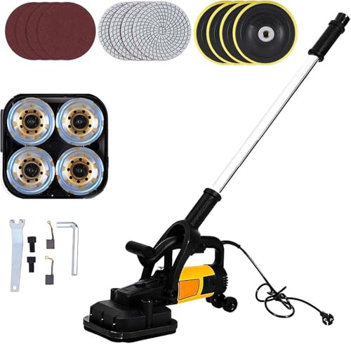 GYQSSD Elektrische Bodenschleifmaschine (3800 W), 4-Kopf-Betonschleifer mit Verlängerungsstange und 3 Schleifscheiben, 6 Geschwindigkeitsstufen, für Zement, Fliesen, Marmor und Granit
