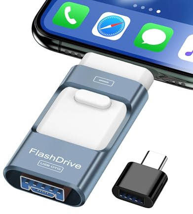 ZARMST Memoria USB 128GB para i-Phone y Android，4 en 1 USB 3.0,Azul | Pendrive con L-ightning/USB-C/Micro USB/USB-A, Memoria Externa para móvil, tableta y PC para guardar fotos, vídeos y archivos