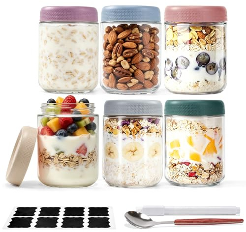 Overnight Oats Jars With Lids, 6 Pack 500ml/16oz Glass Overnight Oats Container With Spoon and Erasable Pen, Wide Mouth Mason Jars Food Storage Container for Homemade Yogurt Oatmeal Salad Jam Pudding
