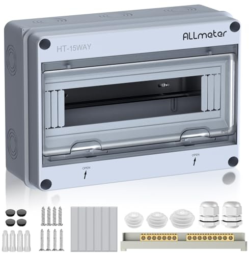 ALLmeter Tableau électrique pour 15 modules, Coffret électrique étanche IP65, Boîte à fusibles en saillie avec bornes et rails intégrés pour intérieur et extérieur | Protection IP65, 15 modules, couvercle en polycarbonate transparent et boîtier de rails pour un montage en saillie propre