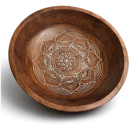com-four® ciotola decorativa in legno di mango scuro – portafrutta in legno naturale con motivo – accessorio per alimenti e contenimento (Ciotola rotonda con motivo effetto legno di mango)