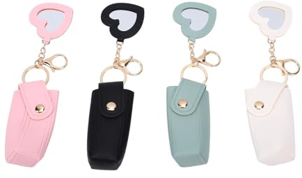 Jectse Soporte para Lápiz Labial, Paquete de 4 Estuches de Cuero PU para Lápiz Labial con Espejo, Llavero, Portátil para Bolso, Mochila, Mujeres, Niñas, Blanco, Negro, Rosa, Verde