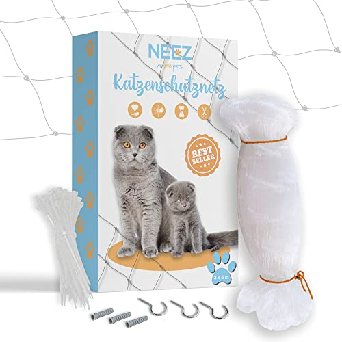 PFOTENKRAFT Katzennetz für Balkon & Fenster ohne Bohren 3 x 8m - Balkonnetz transparent, reißfest & wetterfest - inklusives Befestigungsmaterial - Katzennetz Fenster, Katzengitter, Katzenschutznetz